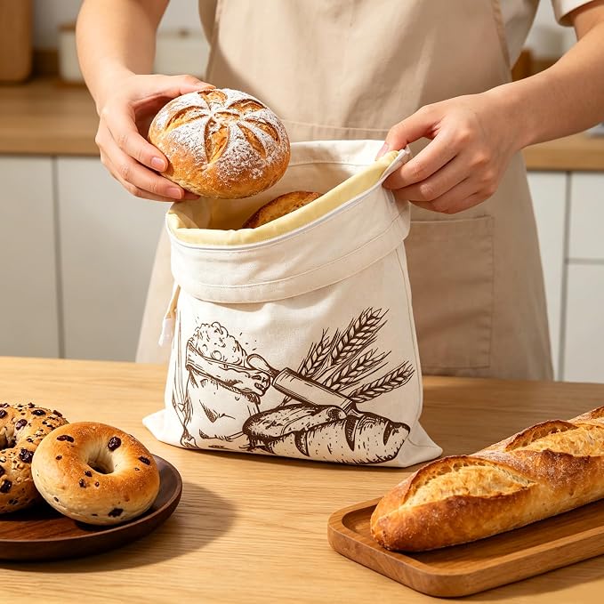 Augshy 2-Pack Beeswax Bread Bags for Homemade Bread 17 inches x 13 inches Reusable Sourdough Bread Bags with Zipper Handle Beeswax Lined Linen Bread Storage for Freshness Artisanal Loaves Baguettes