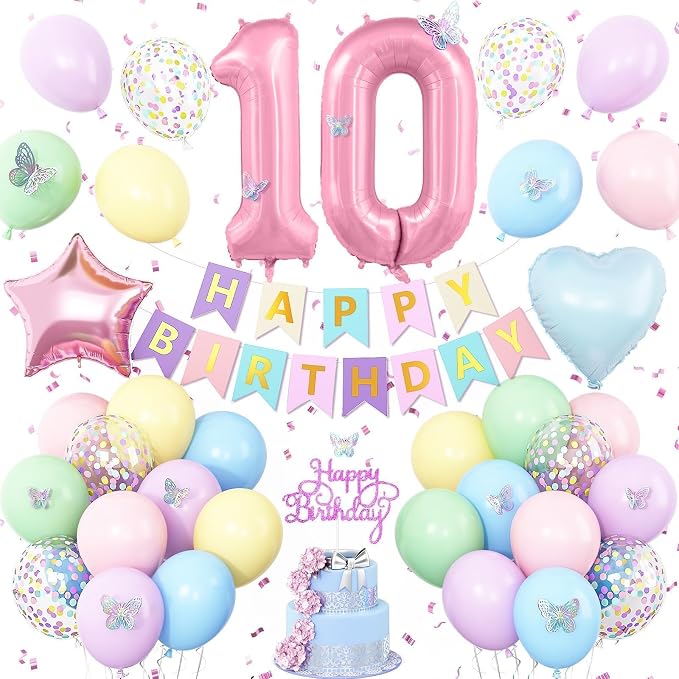 Pastel 10th Birthday Decorations for Girl,Macaron Rainbow 10th Party Decoration Colorful Balloons Banner Star Heart Number 10 Foil Balloon Cake Topper Butterfly Party Decorations