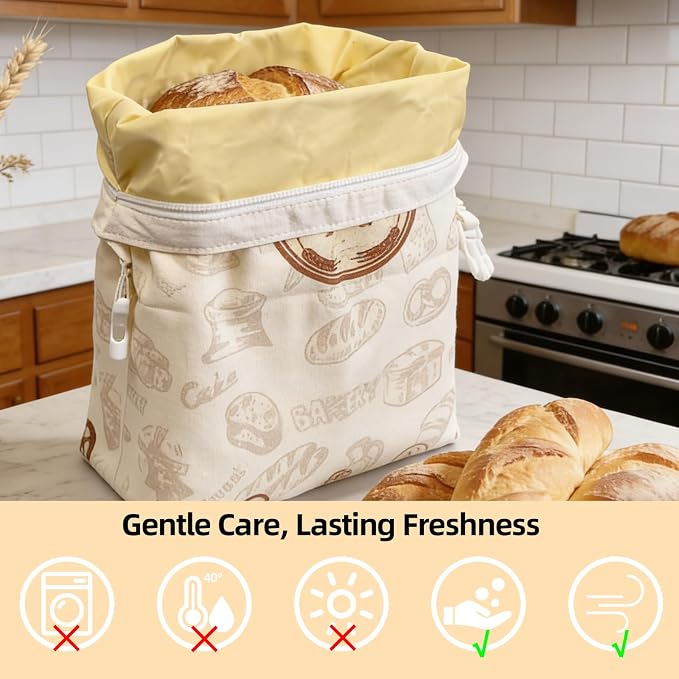 2 Pack Beeswax Bread Bags for Sourdough Homemade Bread, Organic Linen Reusable Natural Bread Storage Bag, Keep Fresh Moisture, Freezer-Friendly, Large Capacity Food Storage Cloth Bag