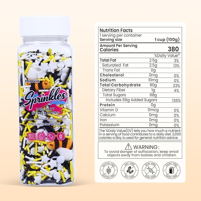 Edible Bee Sprinkles, White, Black and Yellow Sprinkles Confetti, with 4 Pcs Edible Bees for Cupcakes, Macarons, Ice Cream, Cookies, and Cake(3.5oz/100g)