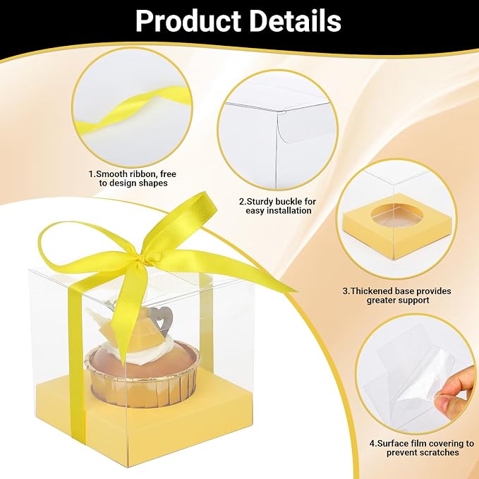 EUSOAR Clear Cupcake Boxes, 12 Pack 3.5 Inch Plastic Individual Transparent Cupcake Containers with Ribbon, Pastry Muffins Gift Holder Clear Disposable Cake Carriers Display for Wedding Party Bakery