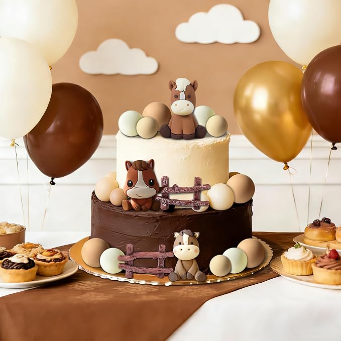 Horse Cake Topper, Cowboy Theme Cake Decorations with Fence and Ball (brown)