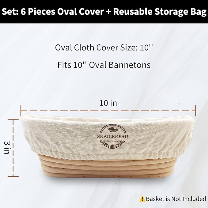 Natural Cotton Bread Basket Liner Cloth: 10 Inch Reusable Oval Proofing Liner for Banneton, Handmade Washable Fabric with Sourdough Baking Kit, Gift for home Baker Set of 6