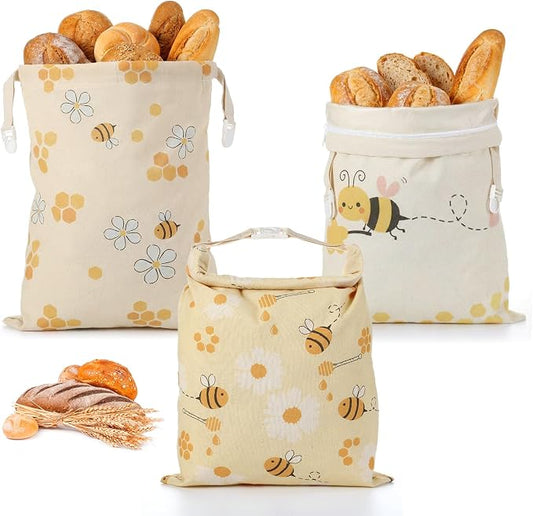 Tallew 3 Pack Beeswax Bread Bags for Sourdough & Homemade Bread 17 x 13'' XL Reusable Organic Linen Beeswax Wraps with Sealing Zip for Fresh Food Storage Loaf Freezer Baker (Bee Style)