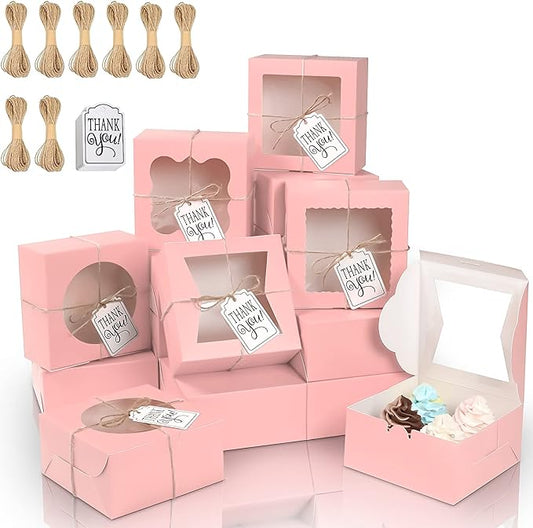 KPOSIYA 65PCS Bakery Boxes with Window 6x6x3 Inches 5 Style Cookie Boxes Small Pastry Boxes for Candy, Dessert, Pastry, Donuts, Birthday Party, Wedding(Pink)