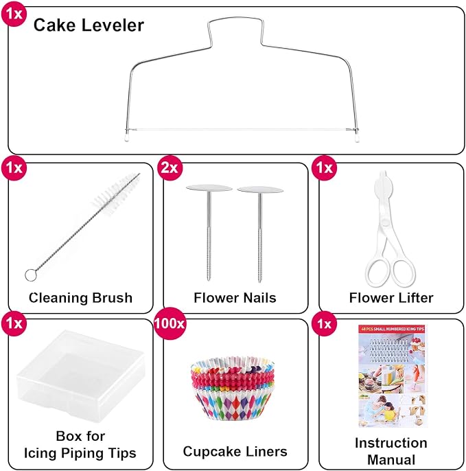 222 PCS Cake Decorating Kit - Includes Cake Turntable, Leveler, Piping Bags and Tips Set, 2 Frosting Spatulas, 3 Scrapers, 100 Cupcake Liners, Booklet and more Decorating Supplies