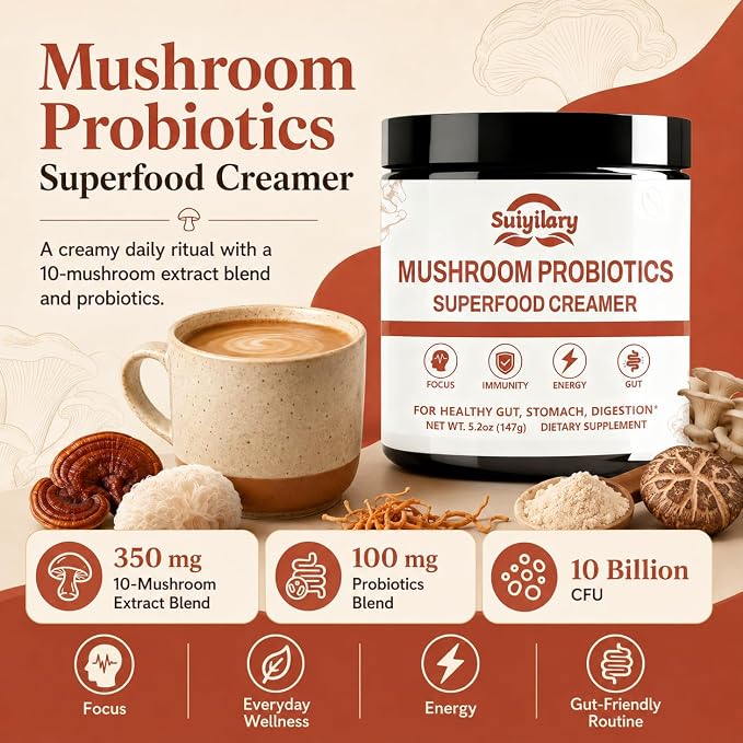 Suiyilary Mushroom Probiotic Coffee Creamer, 10 Mushrooms Creamer with Probiotics, Lion’s Mane, Cordyceps, Reishi, Turkey Tail, Shiitake for Gut, Digestion, Gluten Free 21 Serving