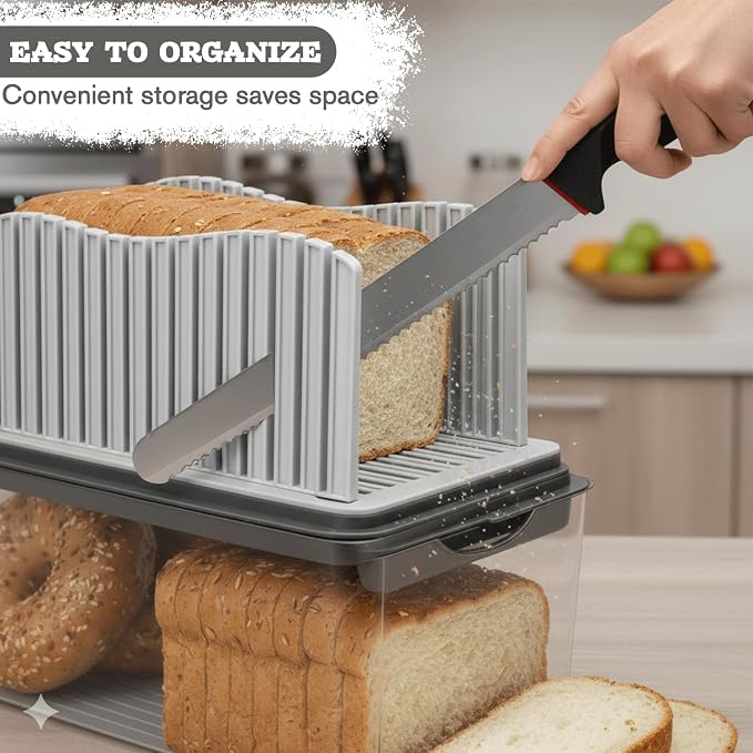 Bread Slicer with Knife, Adjustable Slicer & Loaf Cutter for Homemade Bread with Crumb Tray, Storage Box & Plastic Bags for Easy Slicing.