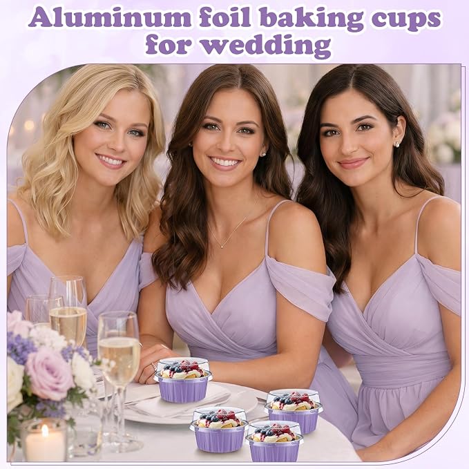 200 Pack Aluminum Foil Cupcake Liners with Lids, 5 oz Round Baking Cup, Disposable Ramekin Container for Graduation Wedding Independence Day Party(Taro Purple,Plain)