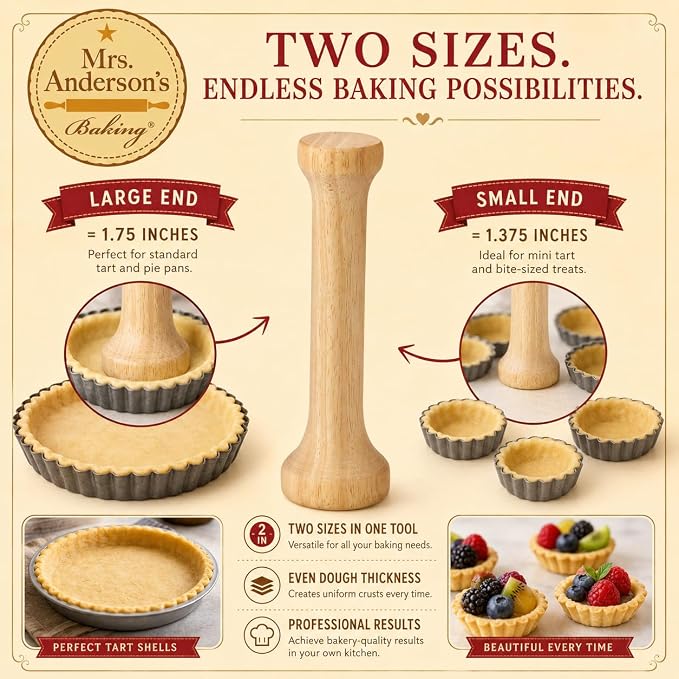 Mrs. Anderson’s Baking Dual-Sided Pastry Dough Tart Tamper, Hardwood, 6-Inches