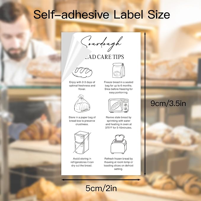 80 Pcs Sourdough Bread Care Instruction Stickers, 2x3.5 Inch Minimalist Black and White Storage Tips Labels for Bakery Bakers, Client Packaging and Homemade Bread