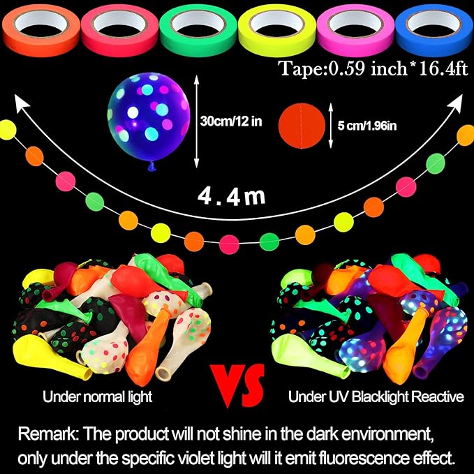 Skylety 32 Pcs Glow in The Dark Party Supplies Neon Party Favors with 25 Fluorescent Balloon 6 Rolls 98.4 ft UV Blacklight Luminous Tape 14.4 ft Neon Streamer Garland for Adults(Classic Big Dot)
