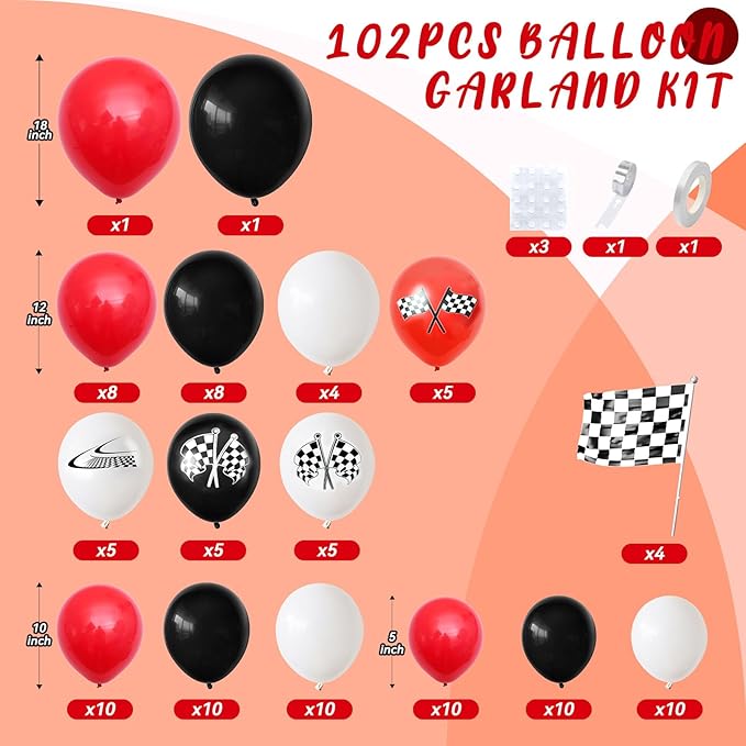 Race Car Balloon Arch Garland Kit, Red Black White Party Latex Balloons with Checkered Flags for Boy Racing Car Themed Birthday Party Decorations Baby Shower Transportation Backdrop Supplies