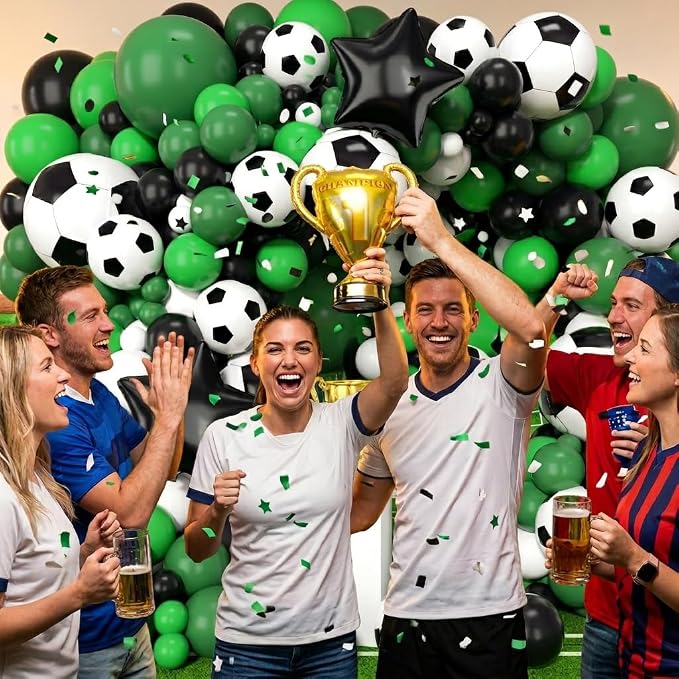 Soccer Balloons Garland Arch Kit 150Pcs - Black and White Dark Green Balloon and Trophy 18 inch Soccer Foil Balloons for 2026 World Football Sports Theme Birthday Anniversary Party Decoration