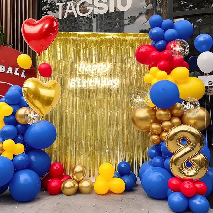 157Pcs Red Blue Yellow Gold Balloons Garland Arch Kit with Fringe Curtain for Snow Beauty White Carnival Circus Super Mario Plim Plim Theme Birthday Baby Shower Party Decorations