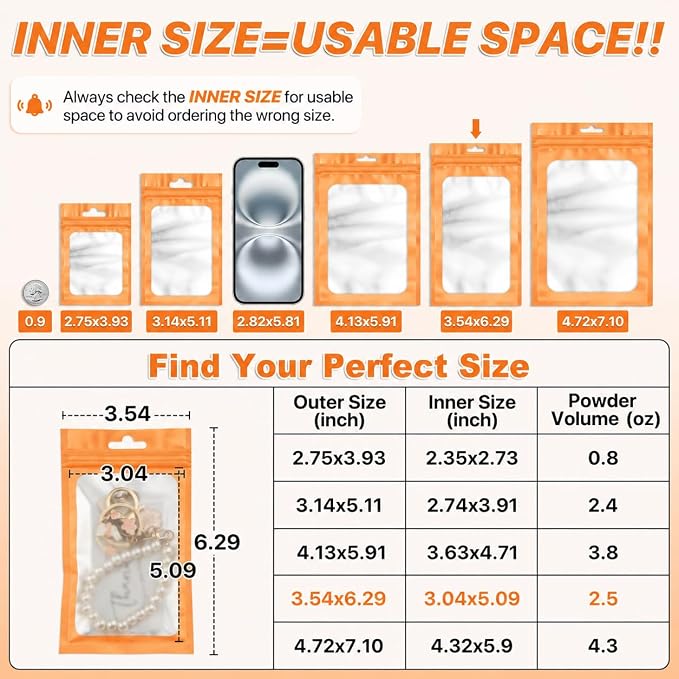 ANZNKU 100 Pack Orange Resealable Mylar Bags with Frosted Clear Window 3.54x6.29", Smell Proof Foil Pouch Bag for Jewelry Candy Treat Storage Supplies, Sealable Packaging Bags for Small Business