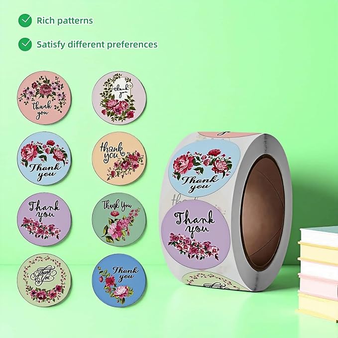 500pcs Floral Thank You Stickers Roll,1 Inch Circle Gift Seals for Packaging, 8 Patterns,Pink Rose Design,Bakery,Cards,Envelopes-Waterproof Adhesive Labels (Pink)