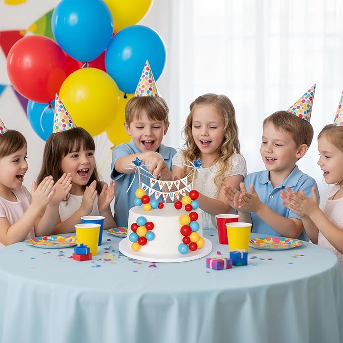 16 Pcs Happy Birthday Cake Topper Cake Bunting Topper Banner with Wood Pole Rainbow Garland with Bow Ribbon Balloon, Mini Cupcake Decor for Birthday Baby Shower (Lake Blue,Yellow,Red)