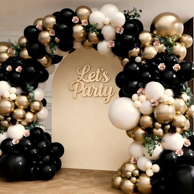 Black Gold Sand White Balloon Garland Arch Kit 143Pcs Sand White Black Chrome Gold Latex Balloons for Wedding Bridal Shower Gender Reveal Birthday Party Decorations