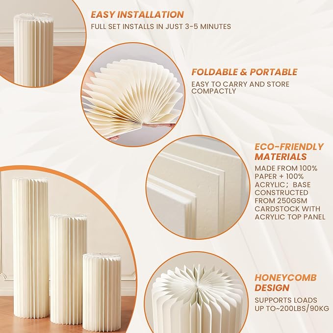3 Pack Portable White Cylinder Stands for Party, 31.5", 23.6", 15.7" Height Foldable Cardboard Tall Cake Pedestal Stand Flower Floral Pillar Table Stand, cilindros para fiestas redondos blancos for Wedding Parties