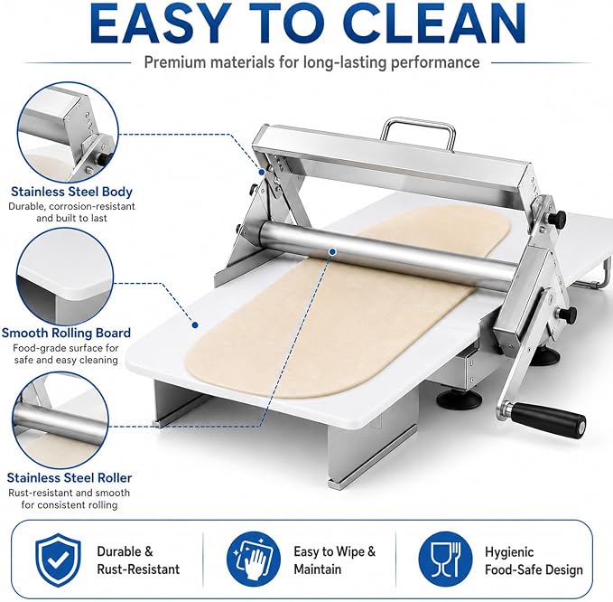 Manual Dough Sheeter for Croissants, Foldable Countertop Pastry Dough Roller Machine, 0-25mm Adjustable Pastry Laminator, Stainless Steel Rollers with PE Board for Home & Small Bakery Baking