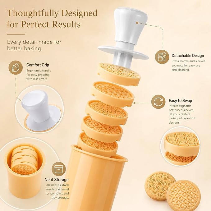 Silicone Cookie Stamps Set for Baking - Geo Geometric Figure Cookie Stamps with Handle and 6 Silicone Stamps High Heat Resistant to 480°F Yellow Color | Geometric stamp patterns; 2.75 in round cutter; compact nesting case for baking, fondant and biscui...