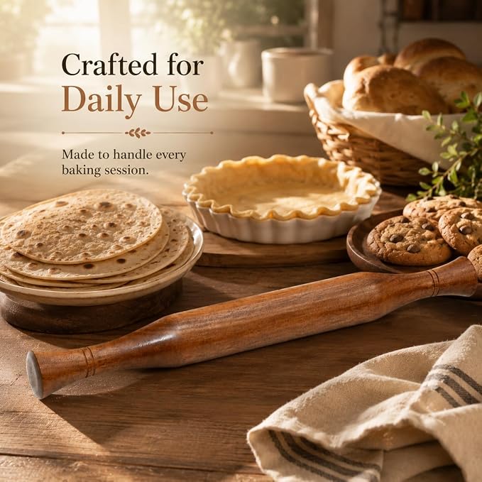 Wooden Rolling Pin With Ergonomic Handles for Baking & Pastry Kitchen Tool 14 inch, Natural Wood Dough Roller for Pizza, Pie, Cookies & Roti (Brown)