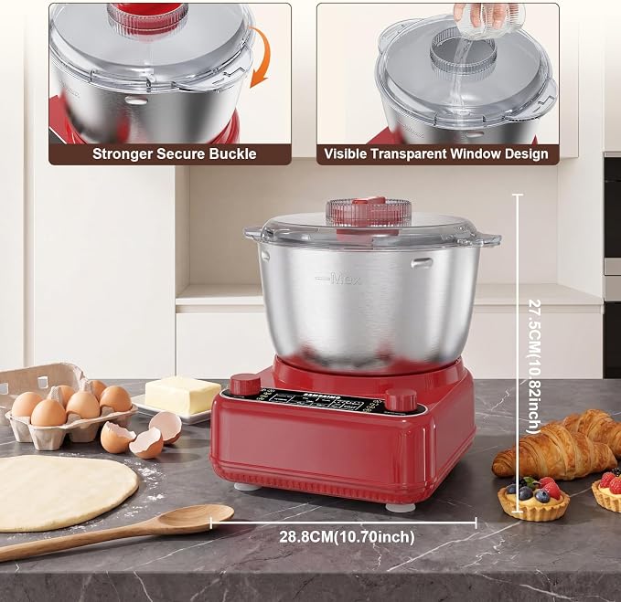 Electric Dough Maker with Ferment Function, 6.5QT Stand Dough Mixer, Dough Kneading Machine with 304 Stainless Steel Bowl, Removable Lid & Knob Control, Ideal for Bread, Pizza, Pasta - Empire Red