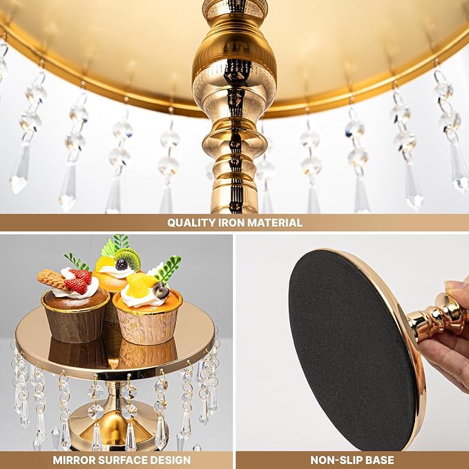 3 PCS Gold Cake Stand Set with Crystal Pendants - Dessert Table Display Set, Dazzling Metal Cake Holder Stand for Wedding, Party, Birthday, Baby Shower, Event Bridal Celebration