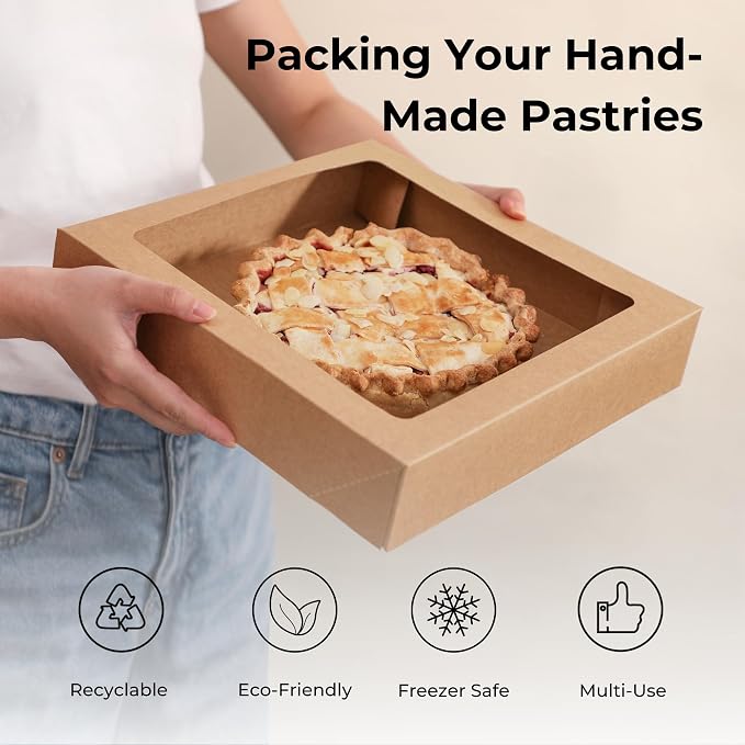 Fit Meal Prep 25 Pack Pie Boxes, 12 x 12 x 2.5 Inches Kraft Bakery Boxes with Window, Auto-Popup Treat Boxes for Donuts, Cookies, Pastries, Ideal for Party, Christmas, Valentine's Day