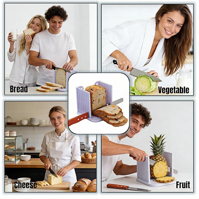 Adjustable Bread Slicer for Homemade Toast - 4 Thickness Settings Foldable Bread Cutting Guide with Crumb Tray, Food Grade ABS Kitchen Baking Tool for Bread, Cheese, Fruits & Vegetables