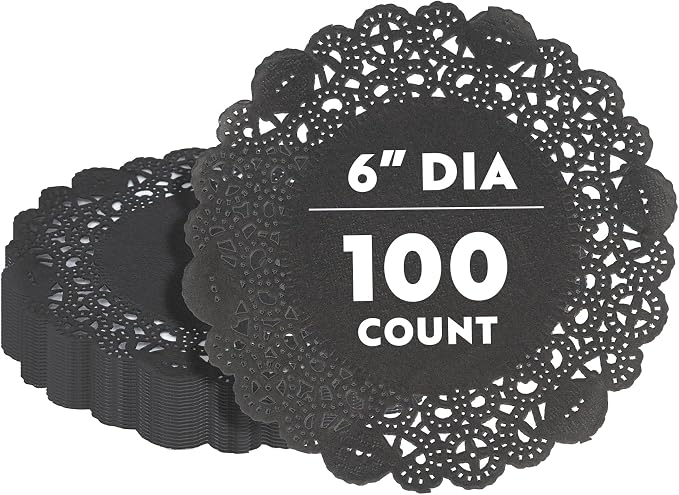 Restaurantware Pastry Tek 6 x 6 Inch Lace Doilies 100 Decorative Tableware Placemats - Disposable Round Black Paper Table Doilies For Birthdays Or Weddings Table Decor