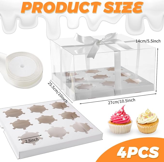 4packs 9 counts Clear Cupcake Boxes,5.5inches height 9 Count Cupcake Containers with Gift Ribbon，Disposable Cupcake Carrier Holder with Detachable Tall Dome Lid, BPA Free, Standard Size(9count/4pcs)