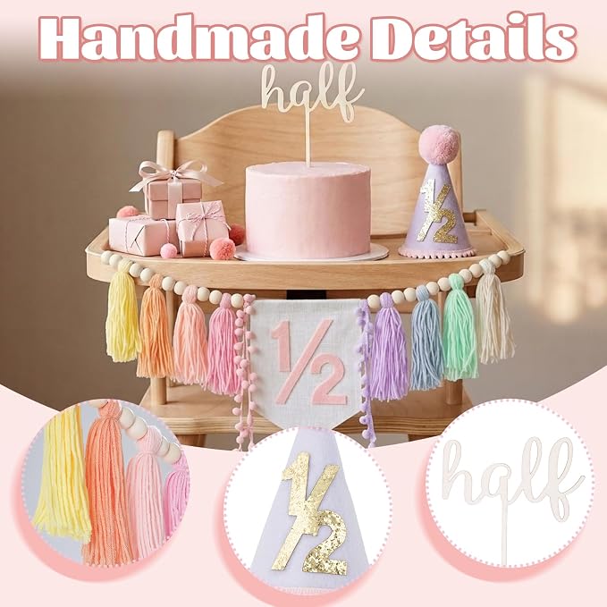 CWK Half Birthday Decorations for Baby, 1/2 Birthday High Chair Banner with Cone Hat & Cake Topper, Half Way to One Party Kit, Photo Props for 6 Month Baby Birthday(Macaron)