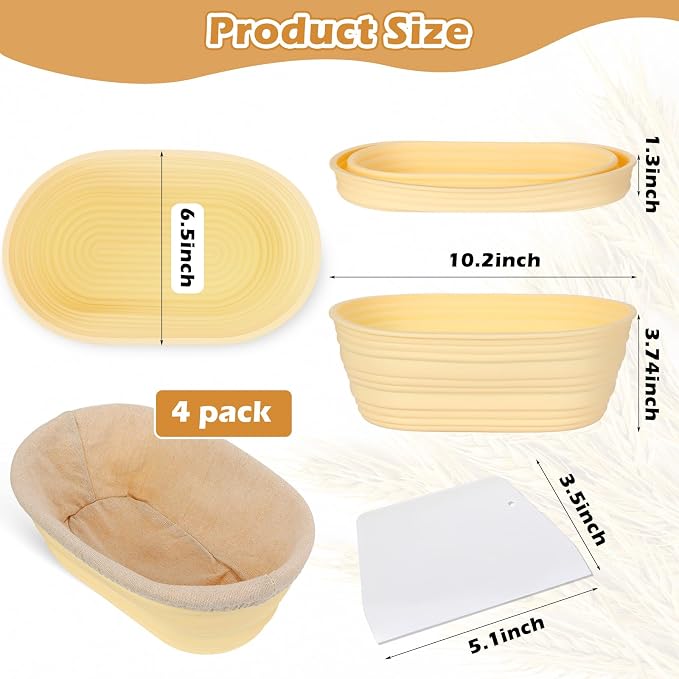 Nuogo 4 Pack Oval Bread Proofing Basket Silicone 10 Inch Collapsible Sourdough Bread Baking Supplies Dough Proofing Bowl with 4 Pcs Dough Scraper and 4 Pcs Basket Covers(Yellow)