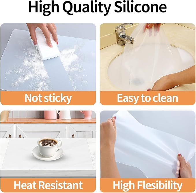 Silicone Heat Resistant Mats for Countertop, 2MM Extra Thick Mat for Kitchen Counter, Suitable for Airfryer, Microwave, Coffee Maker, Non Slip Hot Pad, Waterproof (White Translucent, 18.9 * 14.57)