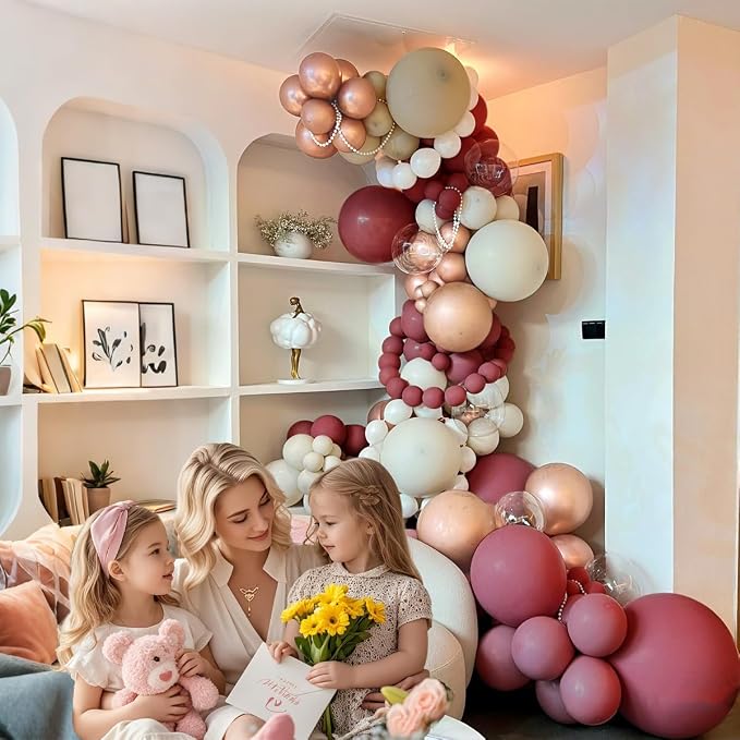 MEBAY Red Brown White Gold Balloon Arch Kit, 166Pcs Boho Ruby Red Balloons Garland for Valentine's Day Wedding Bachelorette Birthday Mother's Day Graduation Party Decoration