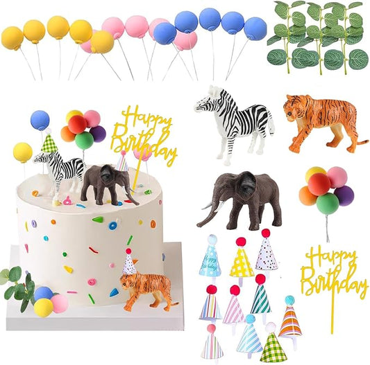 Safari Animal Cake Toppers with Mini Birthday Party Hat Color Balls Cake Decorations for Jungle Wild Themed Baby Shower Birthday Party Supplies (Safari Animal)