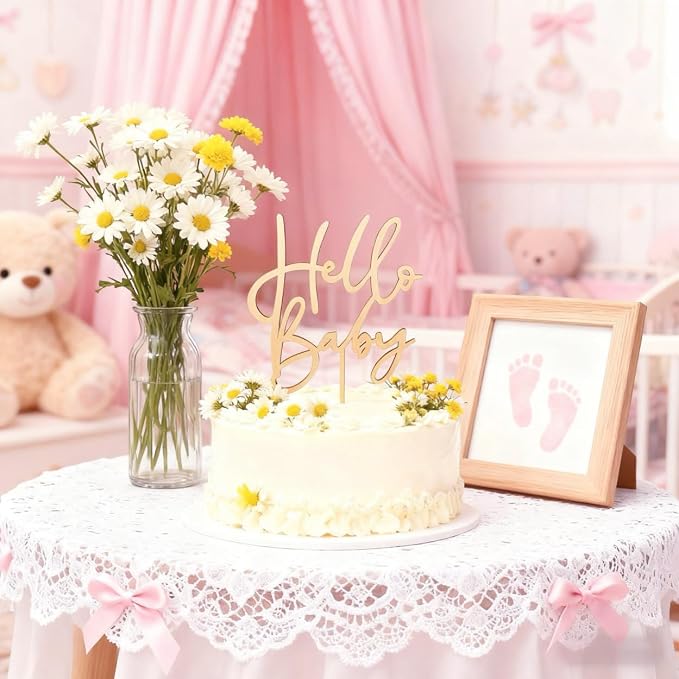 Hello Baby Wooden Cake Topper - Baby Shower Cake Decorations, Gender Reveal Party Supplies, Baby Birthday Decor & Photo Booth Props for Baby Shower Favors