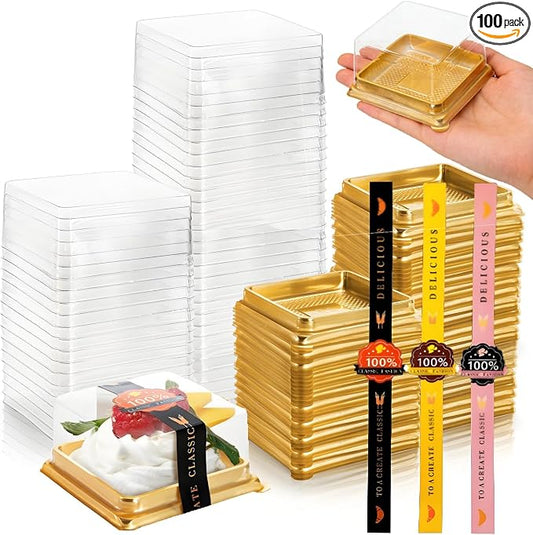 ZAVOOS 100 Pack 3 Inch Mini Cake Container, Small Clear Plastic Cupcake Box with Lids Stickers, Single Square Muffin Cookies Packing Box for Individual Chocolate, Wedding Party, Birthday