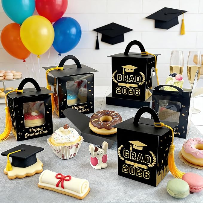 60 Pcs Graduation Cupcake Boxes Individual Cupcake Container Grad Cupcake Gift Boxes with Window for 2026 College Grad Party Bakery Wrapping (Black-60pc)