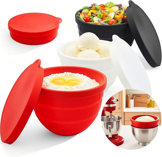 Foldable Silicone Bowl Liners for KitchenAid Mixer 3.5QT, Collapsible Kitchen Aid Bowl Insert with Airtight Lids, Thick Heat/Cold Resistant Silicone Mixing Bowl Liners, 3 Pack