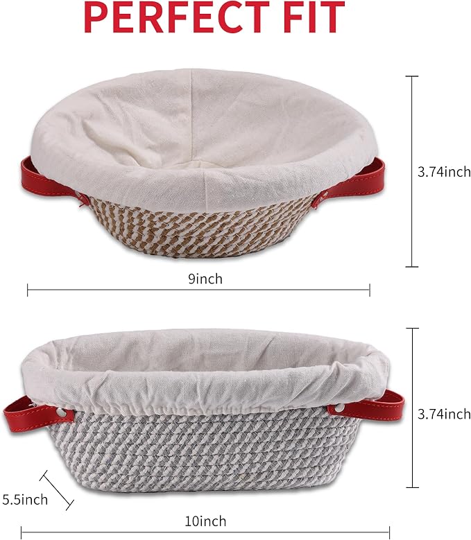 Banneton Bread Proofing Basket - Oval & Round Sourdough Bread Baskets Set - With Liner & Cloth Cover - For Bread Storage (Grey & Khaki Set) - Cotton Rope - Mother's Gifts