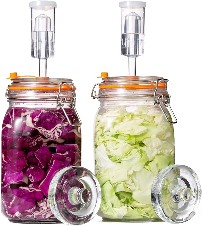 JILLMO Wide Mouth Glass Fermentation Jar with Airlock & Glass Weight, 1.5L Fermenting Jar for Sauerkraut, Kimchi, Pickles & More,Pack of 2