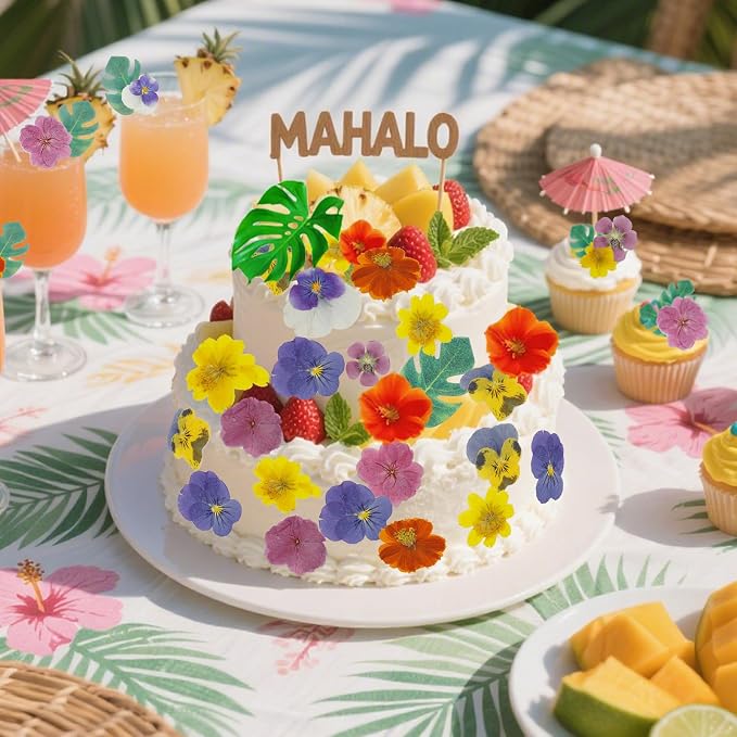 60 PCS Real Edible Flower Tropical Cupcakes Cake Decoration, Hibiscus Flowers Turtle Back Leaves Cartoon Birthday Cake Toppers -Hawaiian Series Theme Wedding, Party, Cocktails