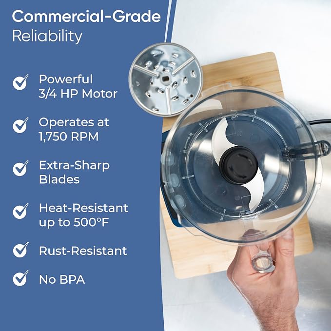 TK Tartle Commercial Food Processor - Heavy-Duty 600W Electric Chopper, Slicer & Shredder w/Flat lid, Continuous Feed, 3L Mixer Bowl & Stainless Steel Blades