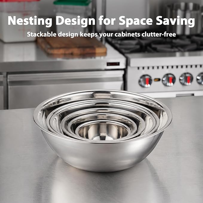 CURTA 3 Piece Large Stainless Steel Mixing Bowls Set, Extra Large Metal Mixing Bowls (7.8, 10, 13.1 QT), Heavy-Duty Nesting Salad Bowls with Flat Base for Bread Dough Kneading, Baking & Catering