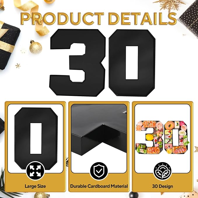 Cardboard Number for Charcuterie 30 Set Fillable Tray 10.2'' Black Charcuterie Paper Box for 30th Birthday Anniversary Party Decorations Chocolate Candy Cupcake Container