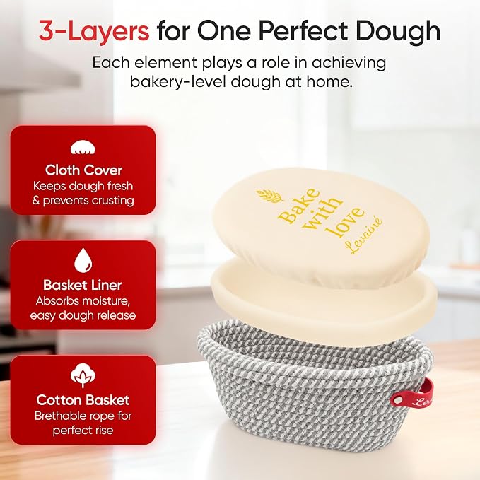 Levainé 2 Pack Cotton Rope Banneton Bread Proofing Basket Set, Round & Oval Sourdough Proofing Baskets with Liners and Covers, Washable Bread Baking Supplies for Homemade Artisan Bread