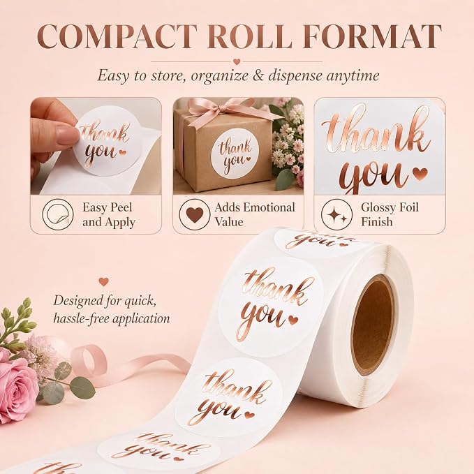 White Rose Gold Thank You Stickers roll, 500 Labels Roll, 1.5 Inch Round Self Adhesive Stickers for Packaging, Envelopes, Bags, Boxes & Wedding Favors